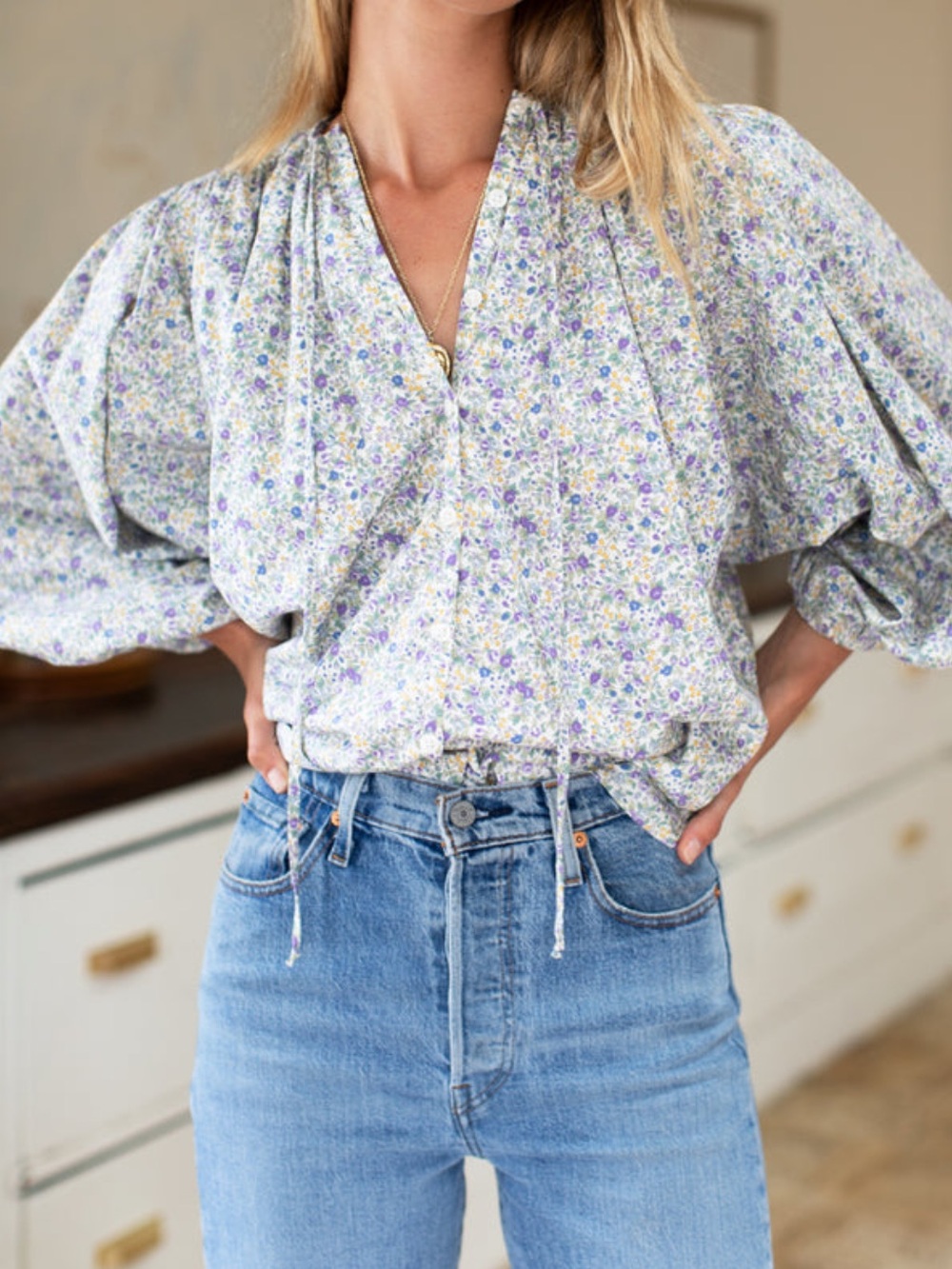 Emerson Fry Floral Button-Up Blouse in Lavender and Cream